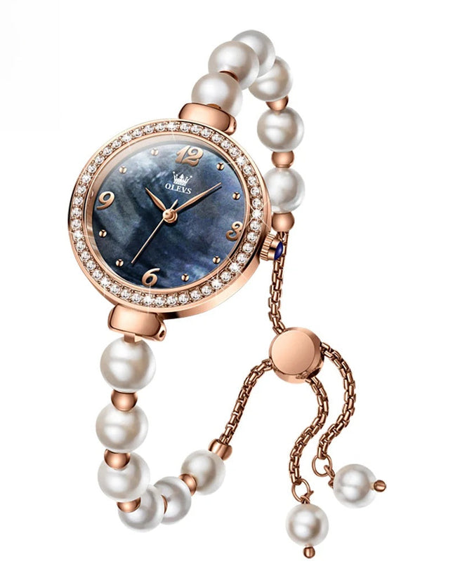 Women's Pearl Bracelet Watch Rose Gold Crystal Bezel
