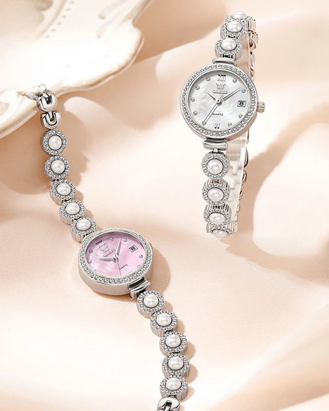 Women's Gold Pearl Bracelet Watch Quartz Date Elegant