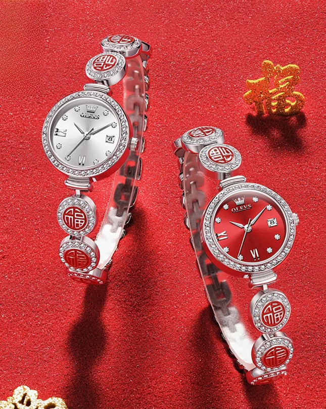 Women's Elegant Bracelet Quartz Watch Red Dial Waterproof