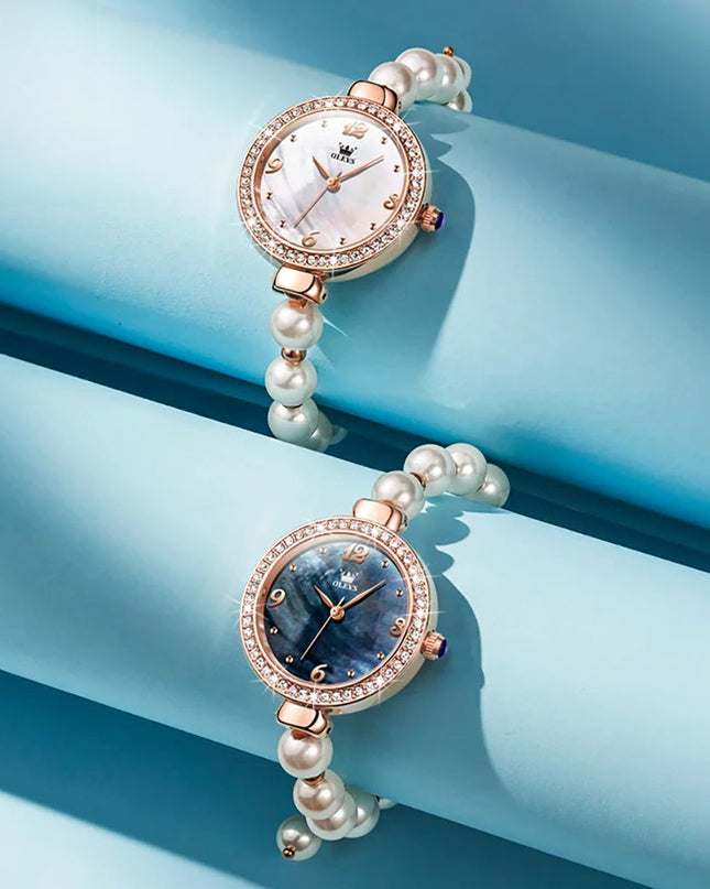 Women's Pearl Bracelet Watch Rose Gold Crystal Bezel