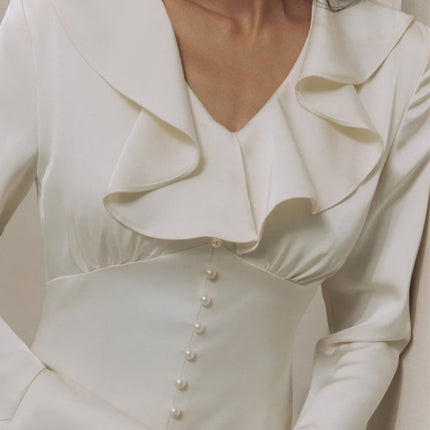Pearl Button Ruffle Midi Dress