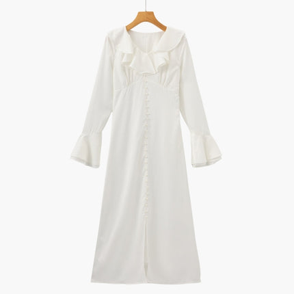 Pearl Button Ruffle Midi Dress