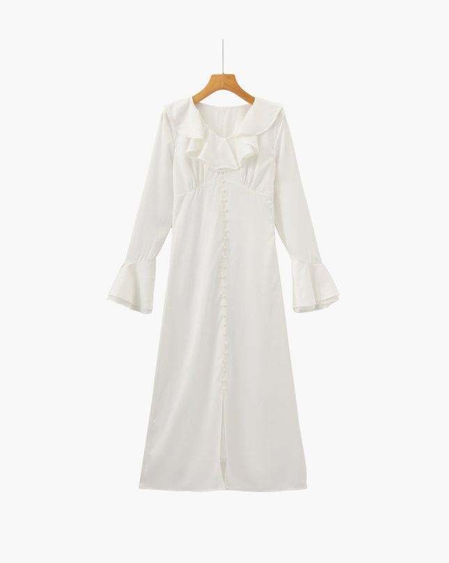 Pearl Button Ruffle Midi Dress