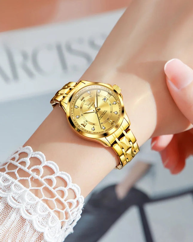 Women's Gold Stainless Steel Small Round Watch Date