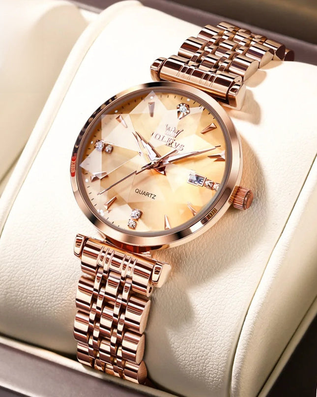 Women's Rose Gold Stainless Steel Watch Blue Dial Zircon