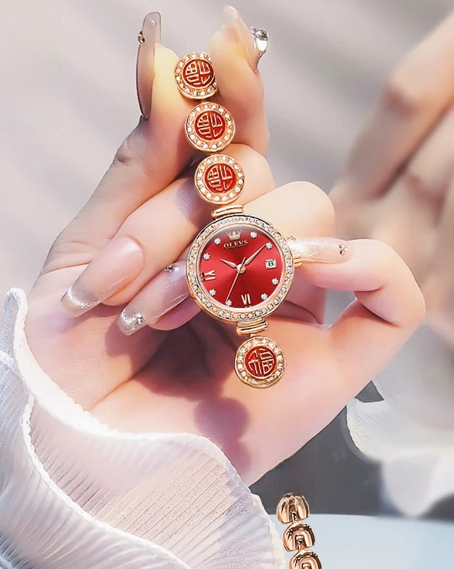 Women's Elegant Bracelet Quartz Watch Red Dial Waterproof