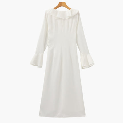 Pearl Button Ruffle Midi Dress
