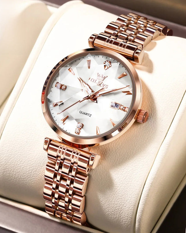 Women's Rose Gold Stainless Steel Watch Blue Dial Zircon