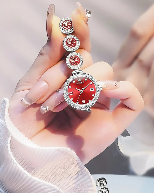 Women's Elegant Bracelet Quartz Watch Red Dial Waterproof