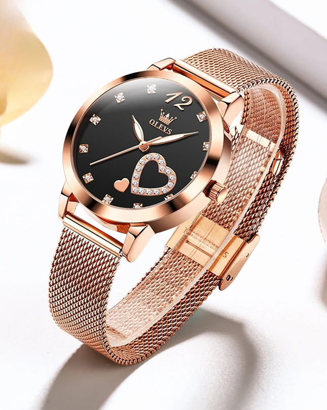 Rose Gold Mesh Women's Watch Heart Crystal Dial Quartz