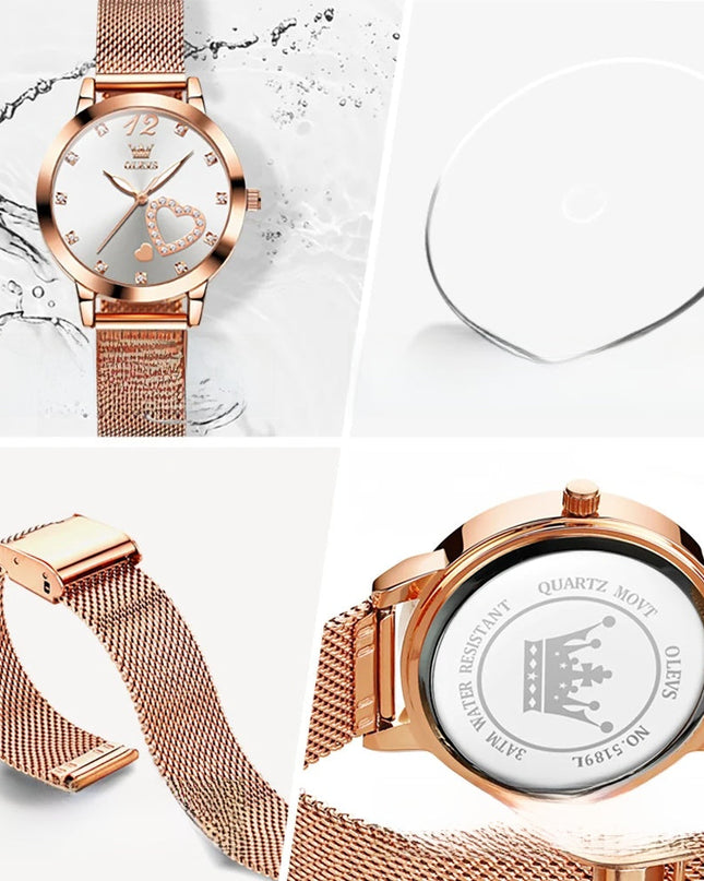 Rose Gold Mesh Women's Watch Heart Crystal Dial Quartz