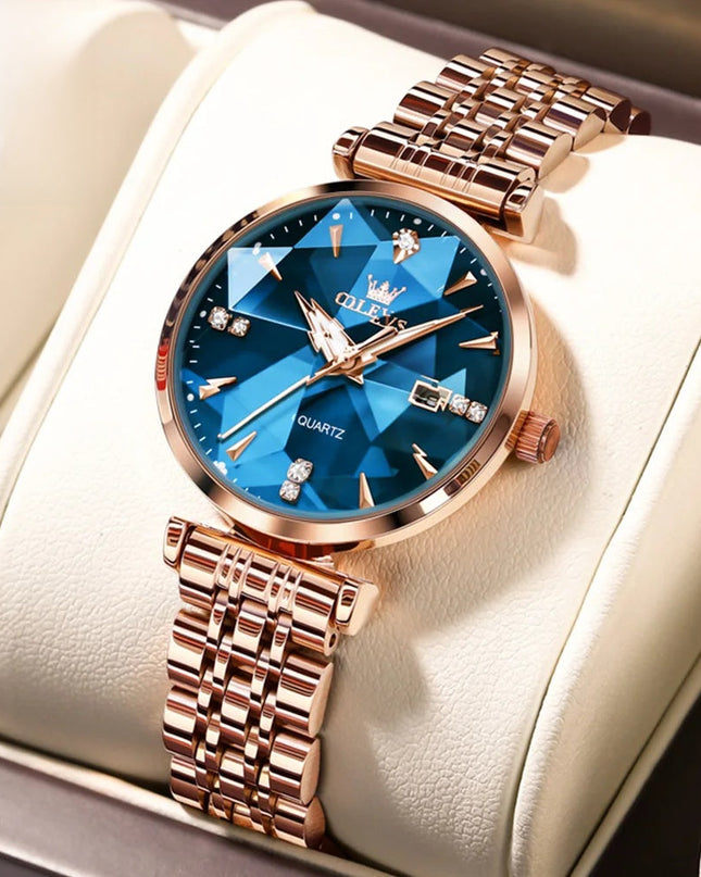 Women's Rose Gold Stainless Steel Watch Blue Dial Zircon
