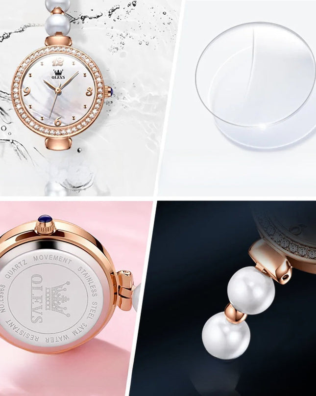 Women's Pearl Bracelet Watch Rose Gold Crystal Bezel
