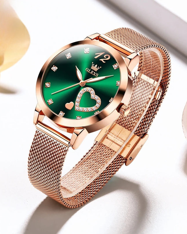 Rose Gold Mesh Women's Watch Heart Crystal Dial Quartz