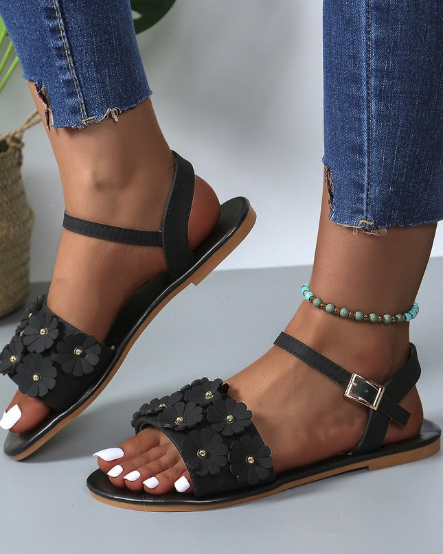 Women's Retro Floral Flat Sandals | Buckle Round-Toe Beach Shoes
