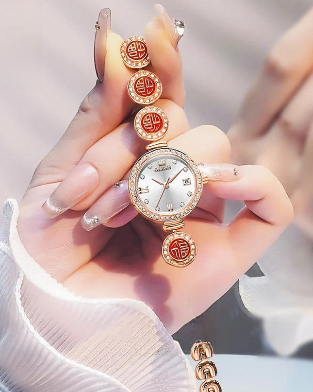 Women's Elegant Bracelet Quartz Watch Red Dial Waterproof