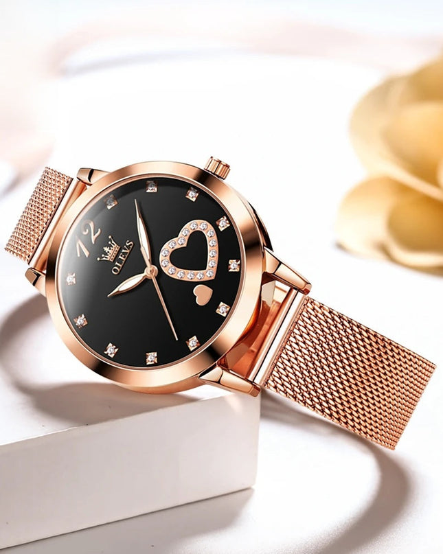 Rose Gold Mesh Women's Watch Heart Crystal Dial Quartz