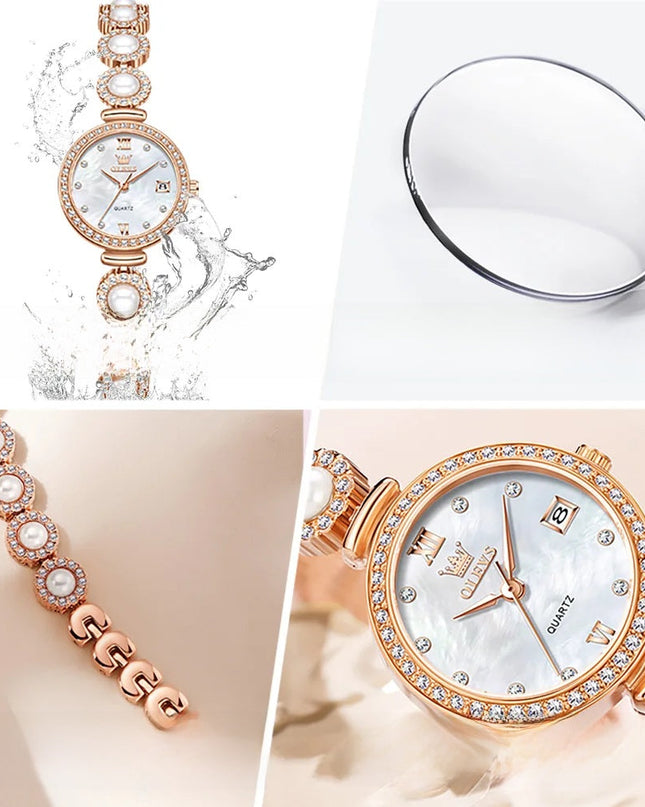 Women's Gold Pearl Bracelet Watch Quartz Date Elegant