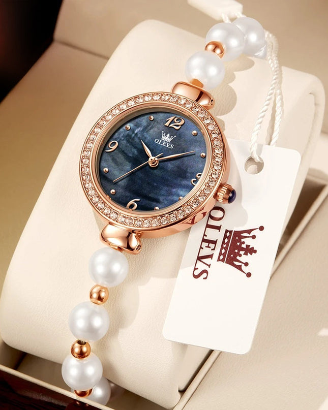 Women's Pearl Bracelet Watch Rose Gold Crystal Bezel