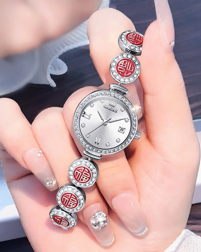 Women's Elegant Bracelet Quartz Watch Red Dial Waterproof