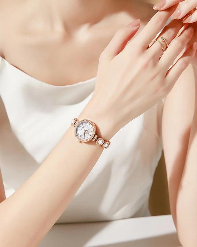 Women's Gold Pearl Bracelet Watch Quartz Date Elegant
