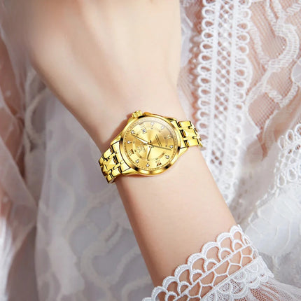 Women's Gold Stainless Steel Small Round Watch Date