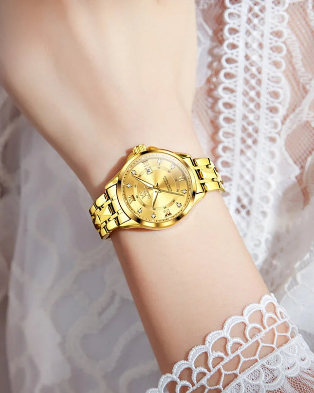 Women's Gold Stainless Steel Small Round Watch Date