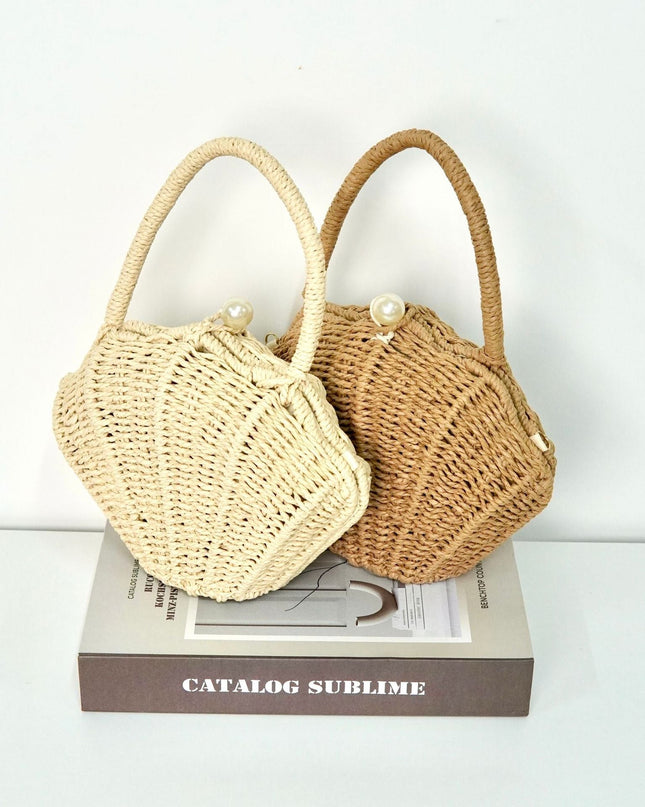Round Straw Beach Bag - Handwoven Round Tote, Two-Way Handheld Shoulder Purse, Paper Rope Casual Bag