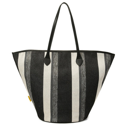 Trendy Canvas Shoulder Tote – Fashion Stripe Large Handbag, Casual Weekender Shopper