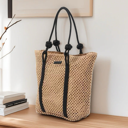 Hollow-Out Paper Rope Woven Tote – Large Straw Shoulder Bag, Commuter Beach Portable Purse