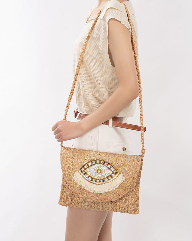 Beaded Patch Jute Bag – Bohemian Handwoven Clutch, Vacation Woven Shoulder Purse