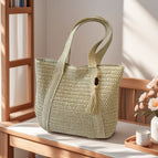 Beige / Wide braided handle with wooden bead tassel