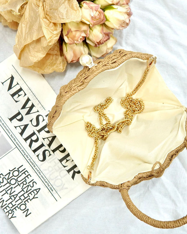 Round Straw Beach Bag - Handwoven Round Tote, Two-Way Handheld Shoulder Purse, Paper Rope Casual Bag