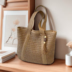 coffee color / Wide braided handle with wooden bead tassel