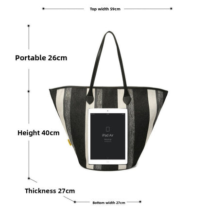 Trendy Canvas Shoulder Tote – Fashion Stripe Large Handbag, Casual Weekender Shopper