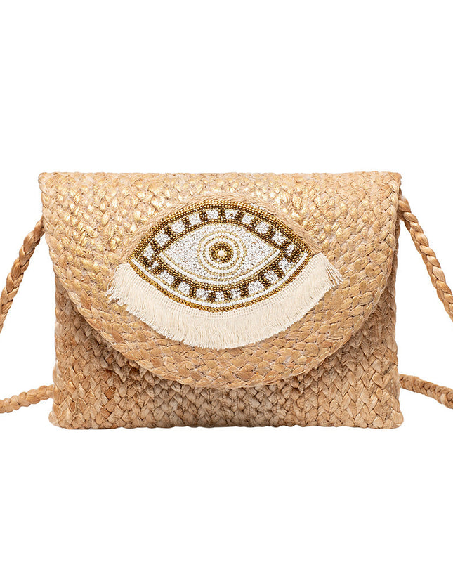 Beaded Patch Jute Bag – Bohemian Handwoven Clutch, Vacation Woven Shoulder Purse