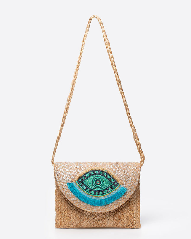 Beaded Patch Jute Bag – Bohemian Handwoven Clutch, Vacation Woven Shoulder Purse