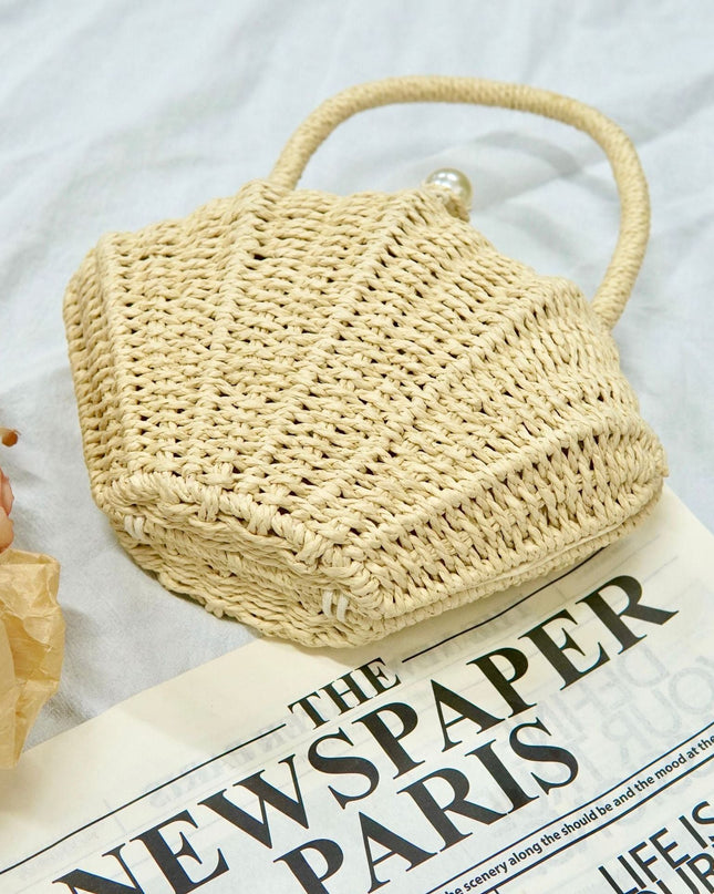 Round Straw Beach Bag - Handwoven Round Tote, Two-Way Handheld Shoulder Purse, Paper Rope Casual Bag