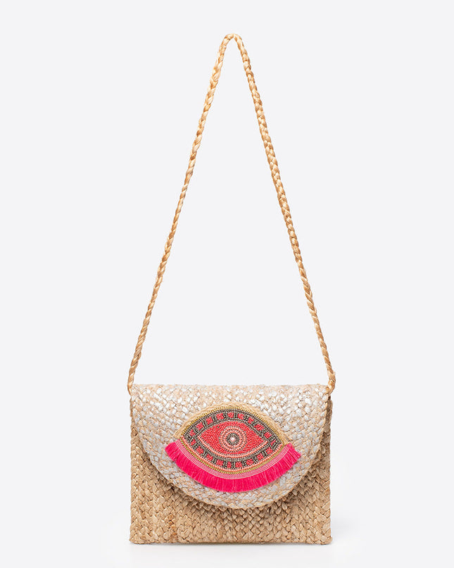 Beaded Patch Jute Bag – Bohemian Handwoven Clutch, Vacation Woven Shoulder Purse