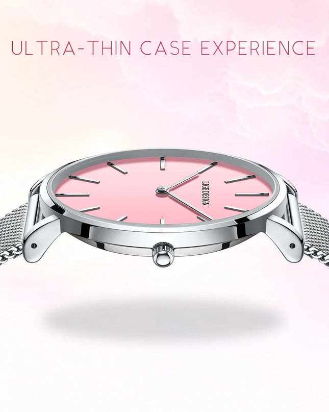 Women's Pink Dial Mesh Band Slim Stainless Steel Watch
