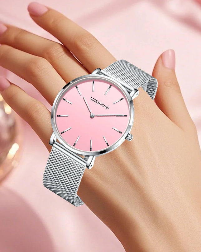 Women's Pink Dial Mesh Band Slim Stainless Steel Watch