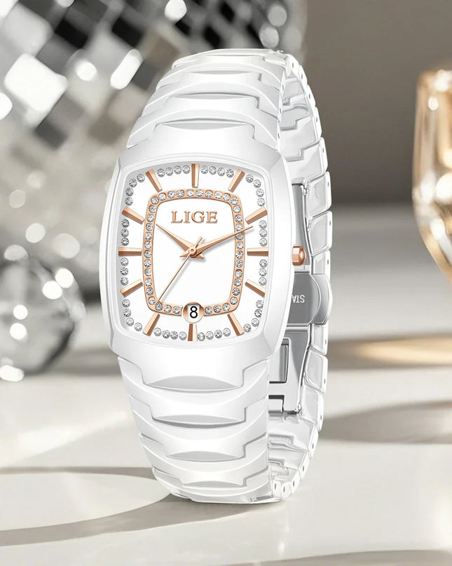 Women's White Ceramic Crystal Bracelet Watch Quartz Gift
