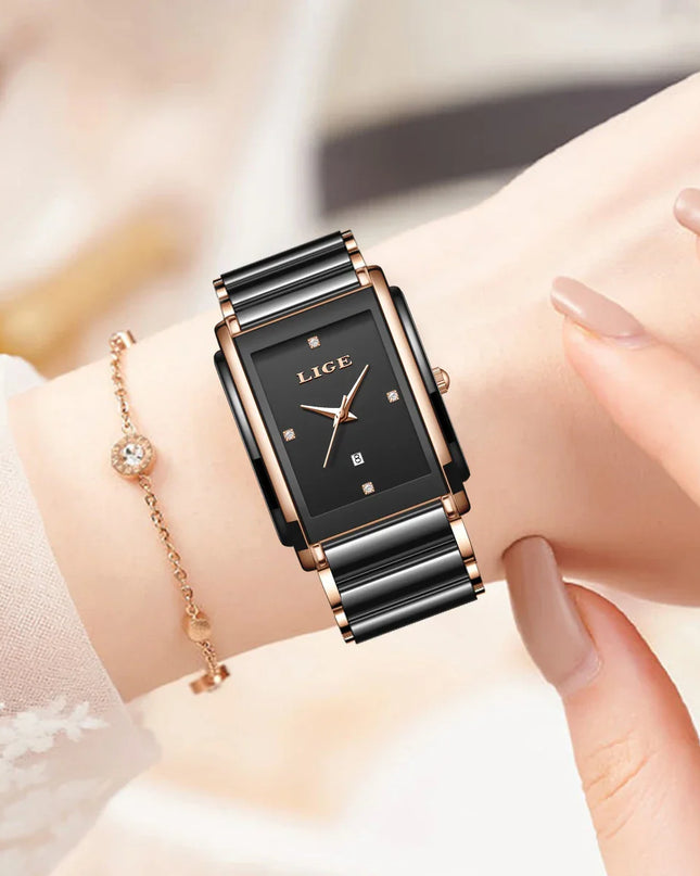 Women's Ceramic Square Bracelet Watch Rose Gold Quartz