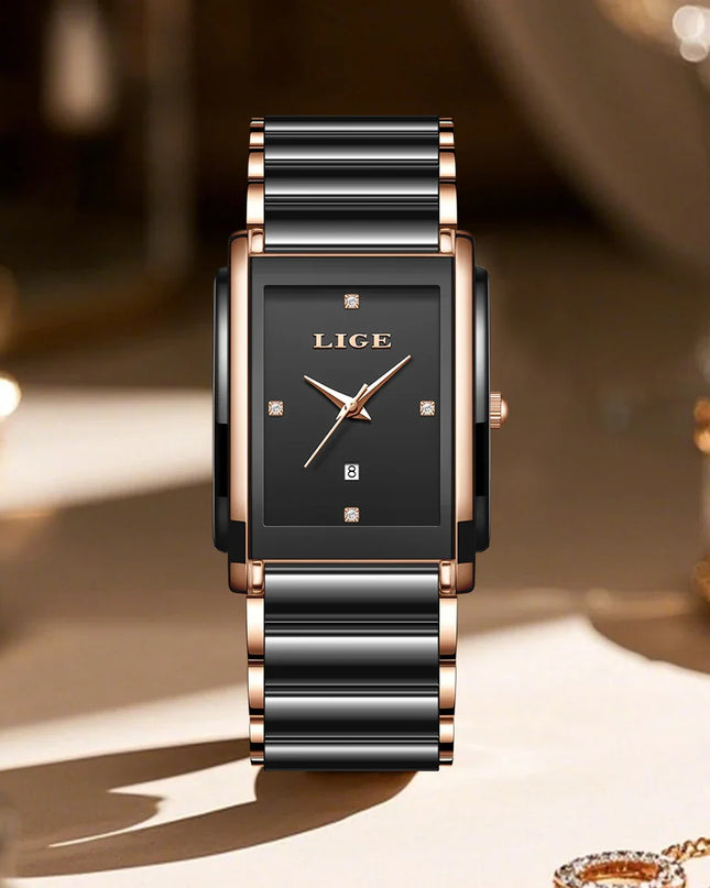 Women's Ceramic Square Bracelet Watch Rose Gold Quartz