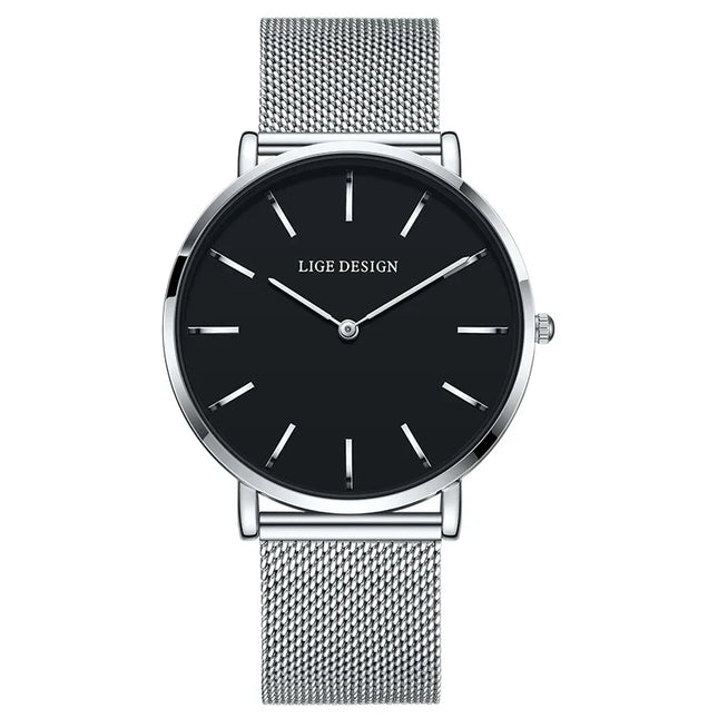 Women's Pink Dial Mesh Band Slim Stainless Steel Watch