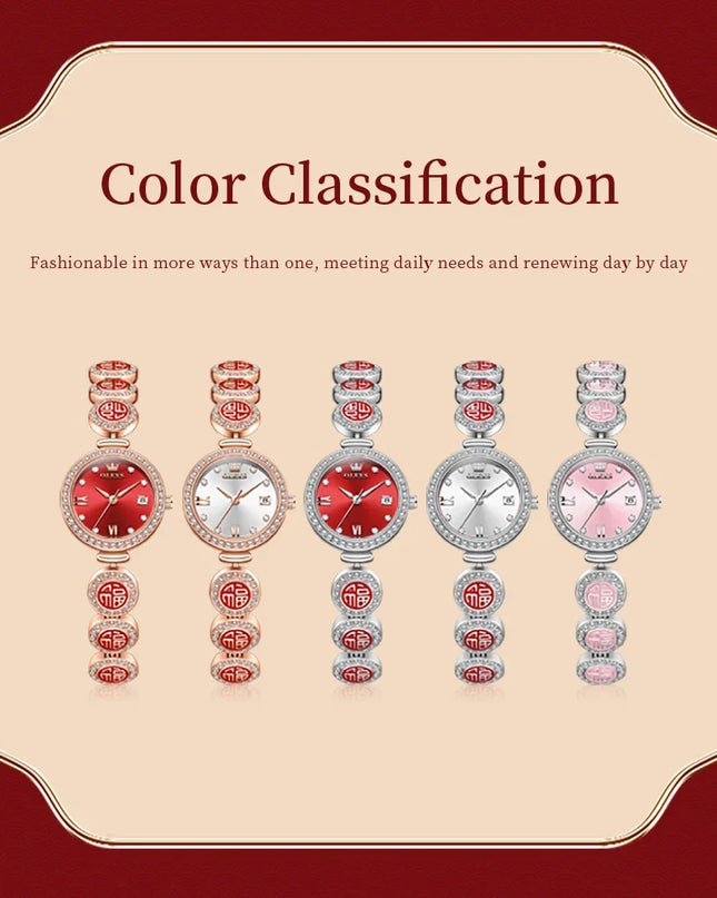 Women's Elegant Bracelet Quartz Watch Red Dial Waterproof