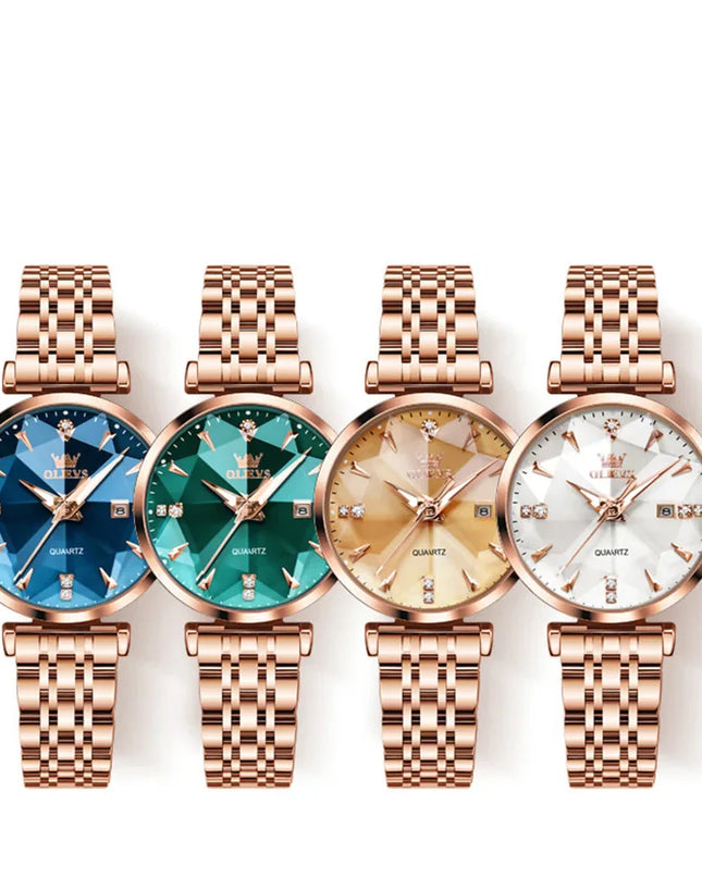 Women's Rose Gold Stainless Steel Watch Blue Dial Zircon
