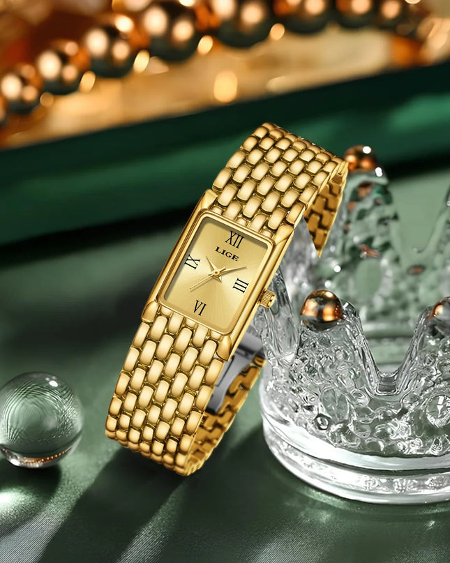 Women's Gold Rectangular Watch Stainless Steel Bracelet