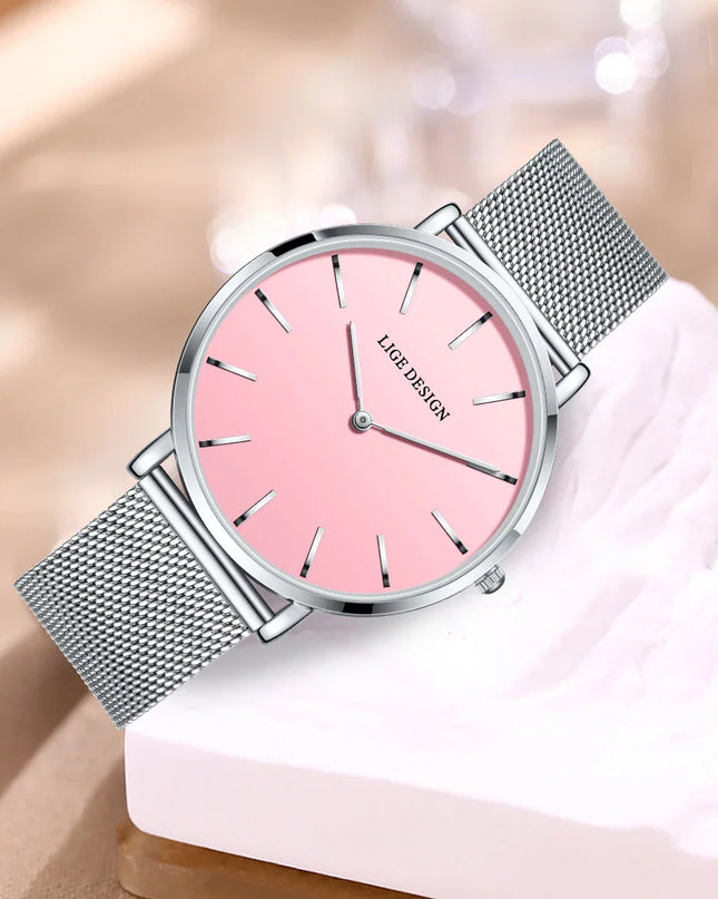 Women's Pink Dial Mesh Band Slim Stainless Steel Watch