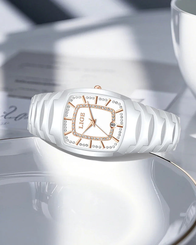 Women's White Ceramic Crystal Bracelet Watch Quartz Gift